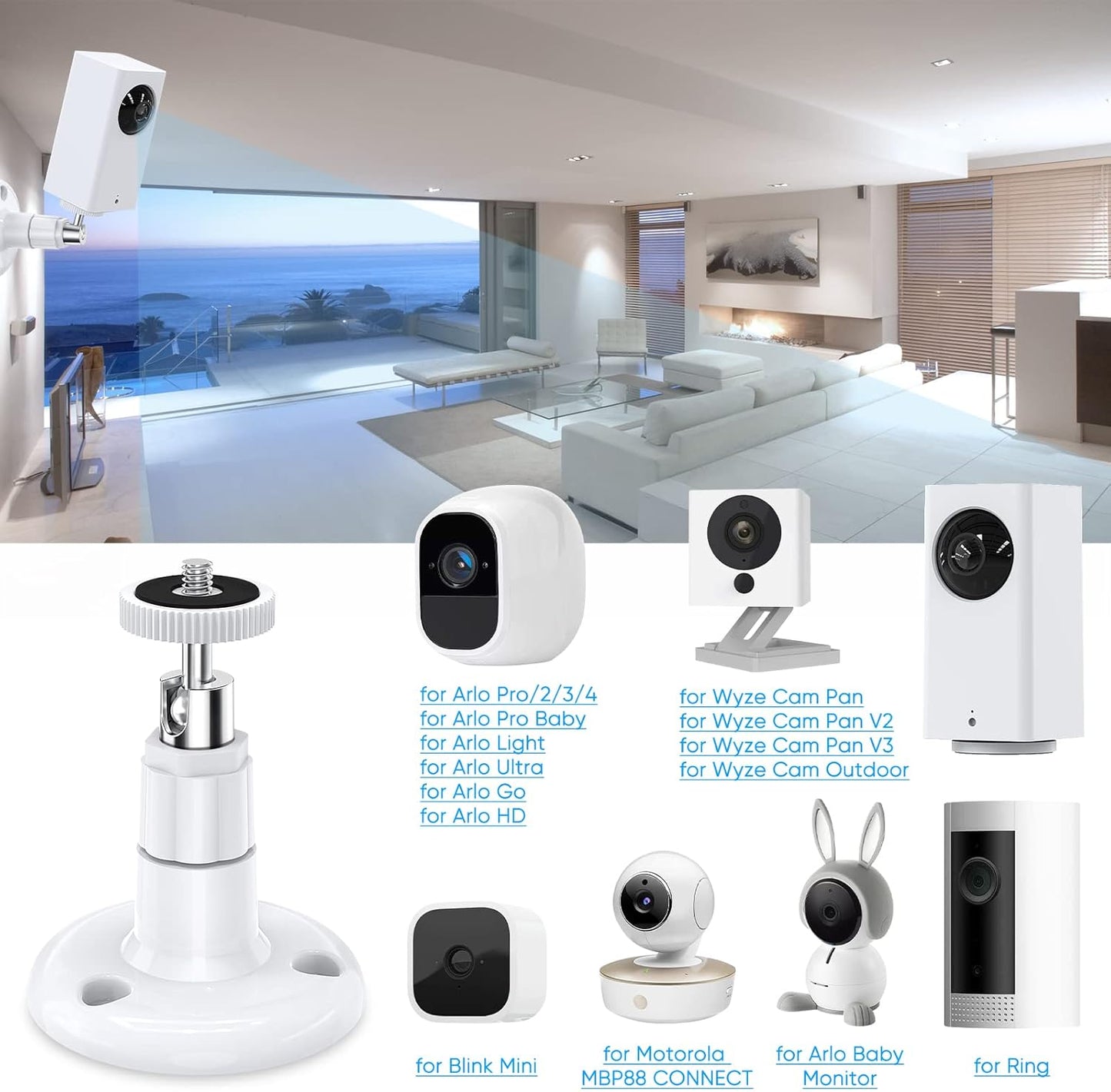 Wall Mount Kit for Wyze Cam Pan V3, Wyze Cam V4, and V3 - 2 Pack, White | 360-Degree Swivel Adjustable Bracket for Indoor/Outdoor Camera Mounting and Compatible Cameras